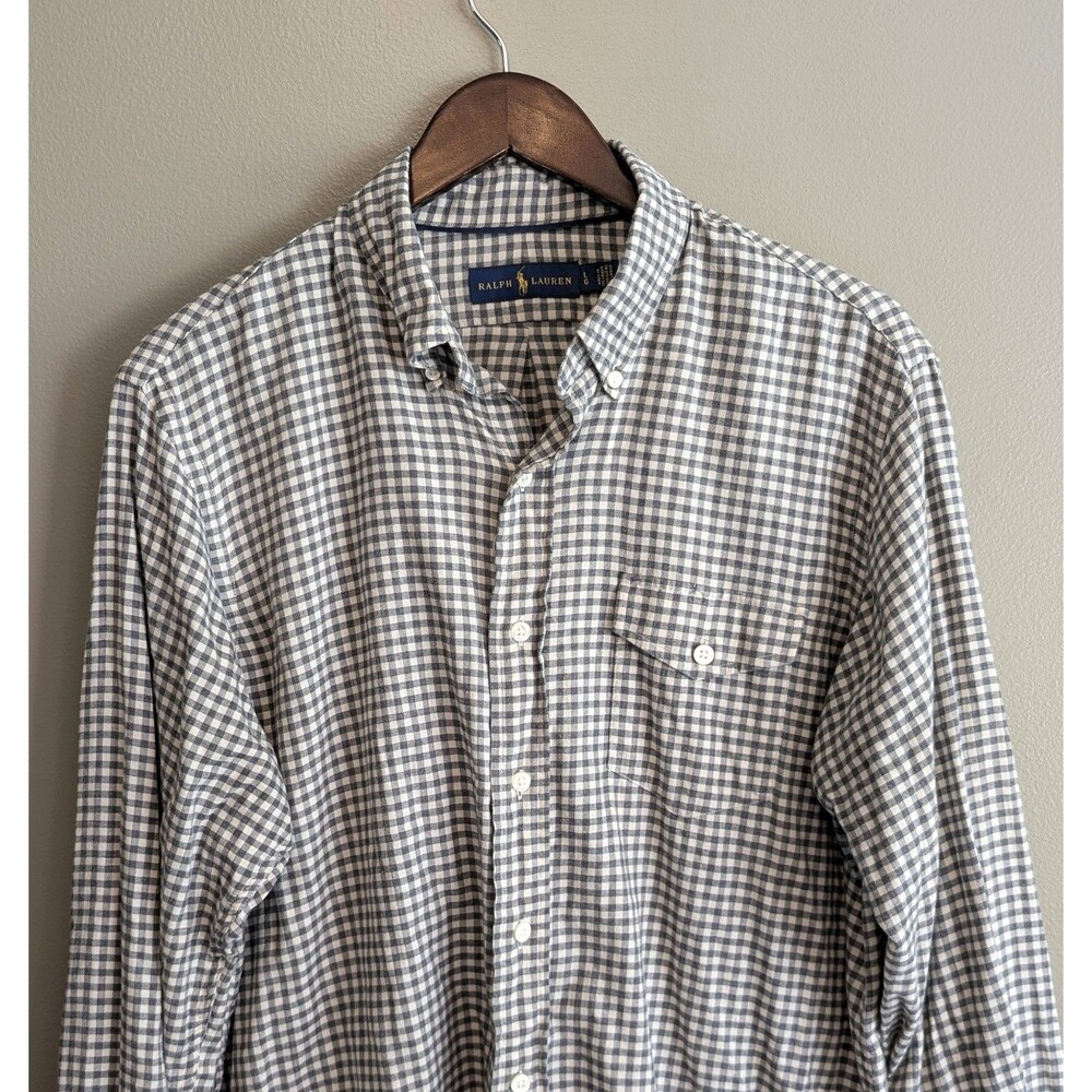 Ralph Lauren Mens Large L Flannel Shirt Gray White Gingham Check Button Down